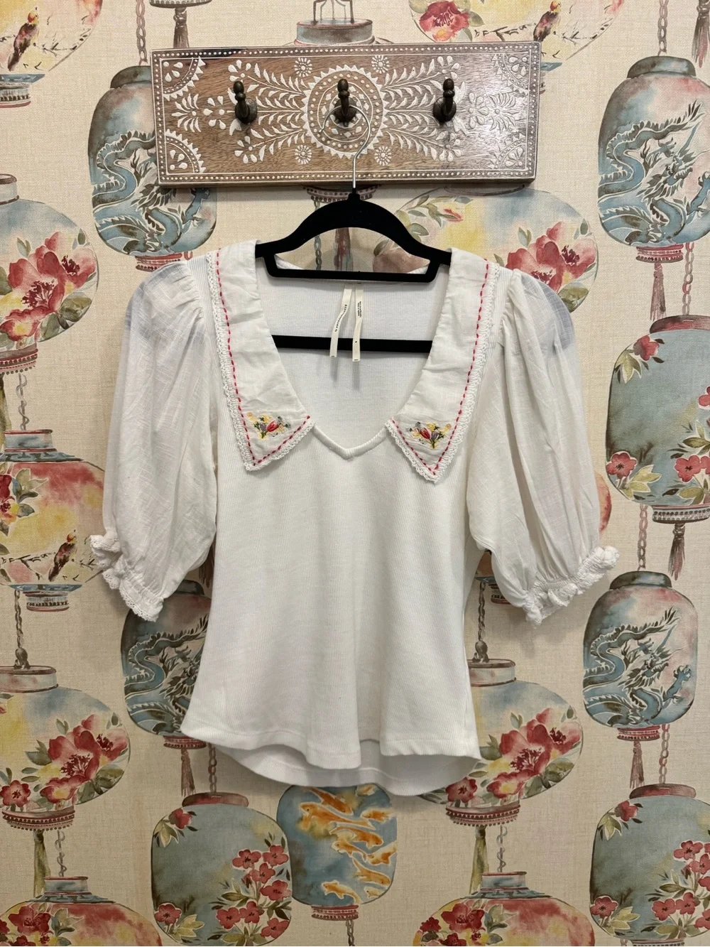Anthropologie White Puff Sleeve Top with Embroidered Collar